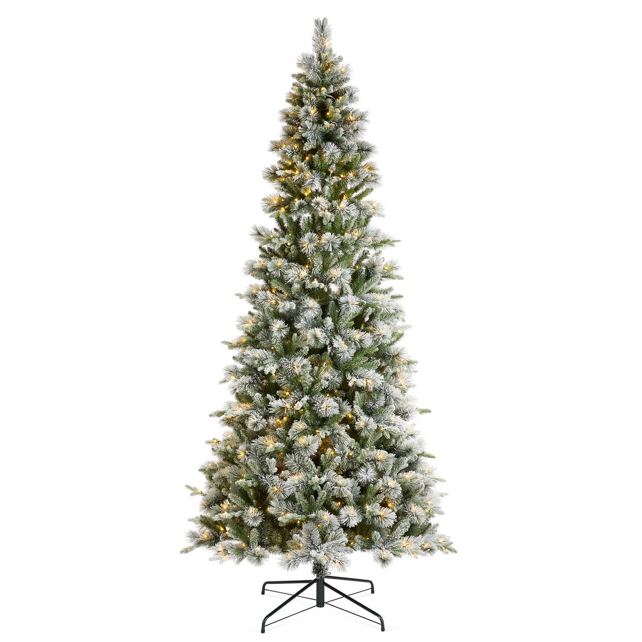 Glitzhome® 9ft Pre-Lit Flocked Slim Pine Artificial Christmas Tree, Warm White LED Lights